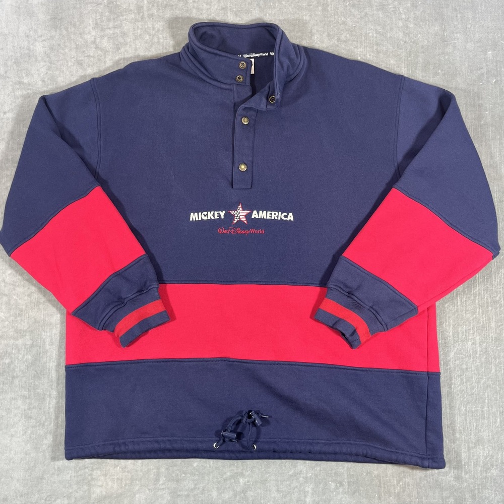Walt Disney World Mickey Men XL Navy Red Snap Neck Pullover Sweatshirt